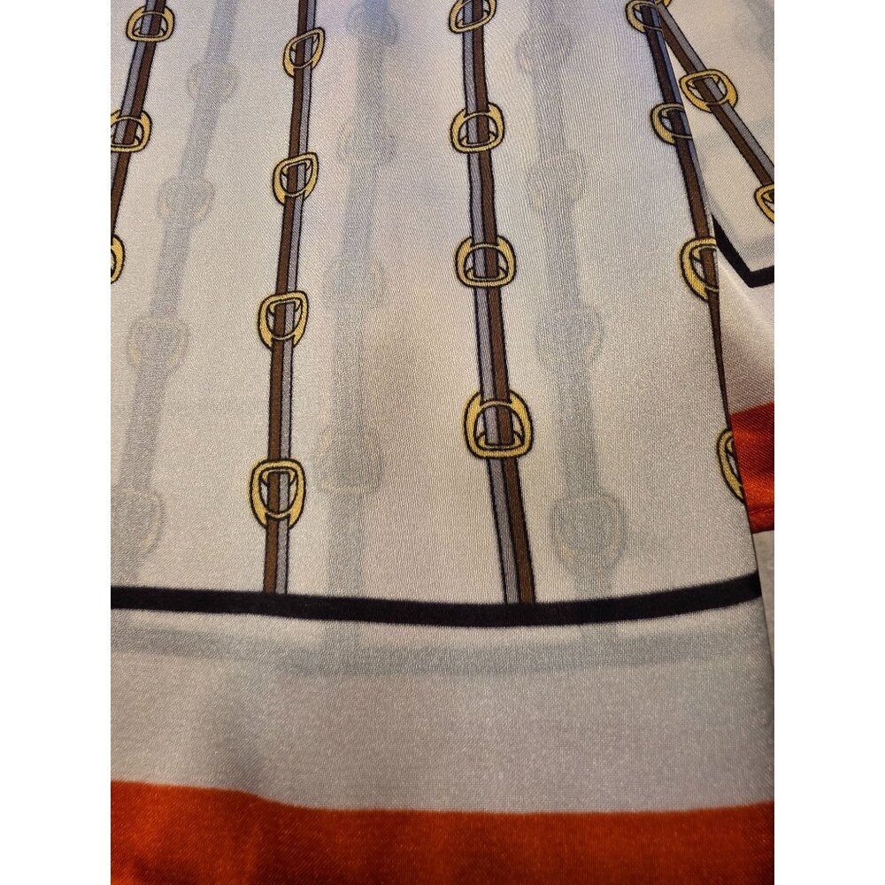 Vintage Equestrian Print Silky Feel Scarf With Orange Border - Picture 4 of 8